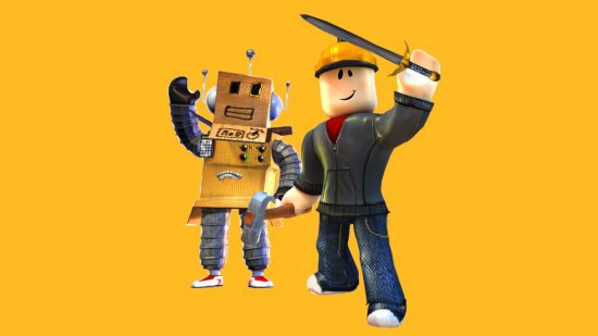 Custom image for Roblox genre games news with a sci-fi robot and a character holding a fantasy sword